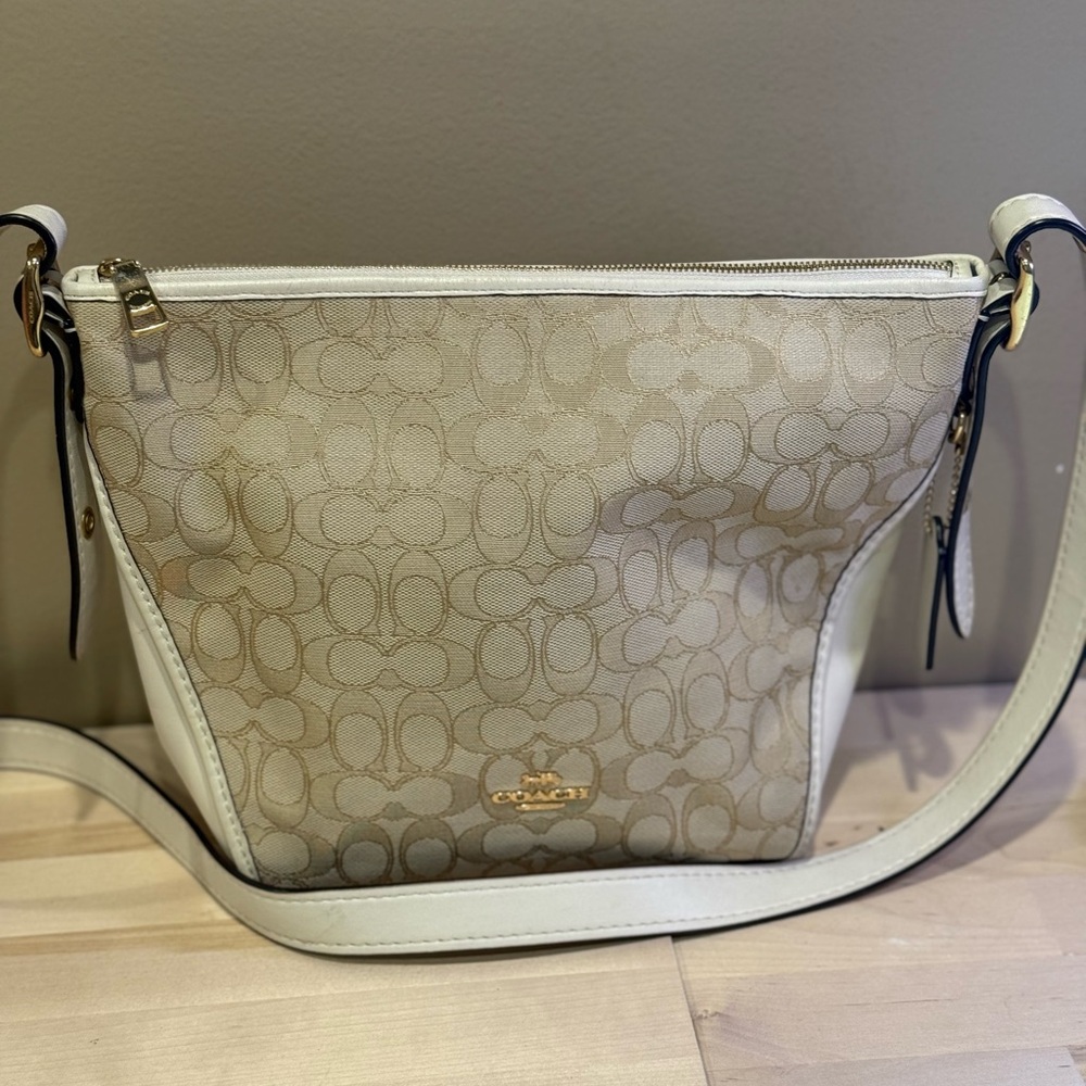 Coach Cream and White Crossbody Bag with Signature Monogram